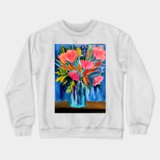 A lovely boutique of abstract vibrant bright colorful  flowers in a tall turquoise glass vase Crewneck Sweatshirt